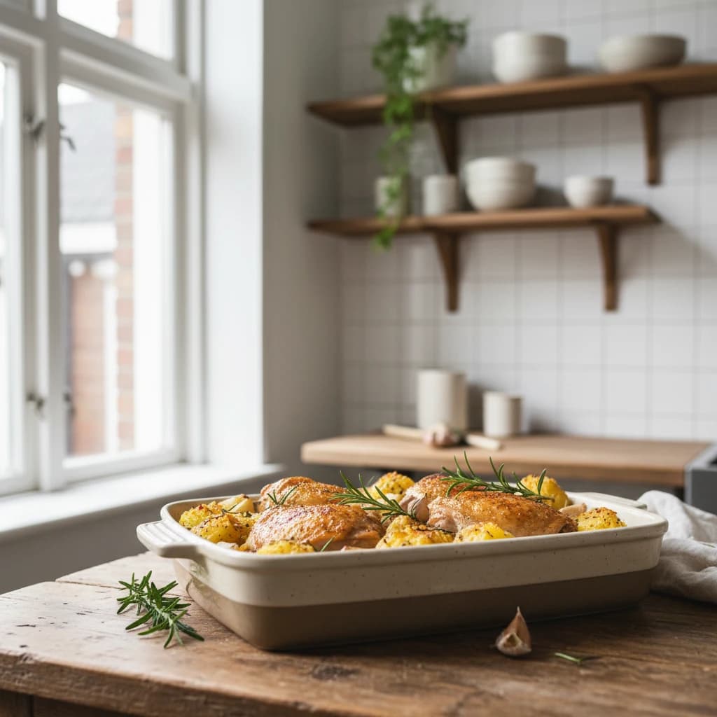 Kip met krieltjes en groenten in een ovenschaal op een houten tafel