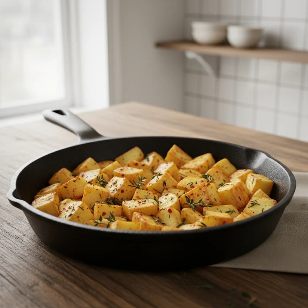 Krokant gebakken aardappelblokjes met kruiden in een gietijzeren koekenpan