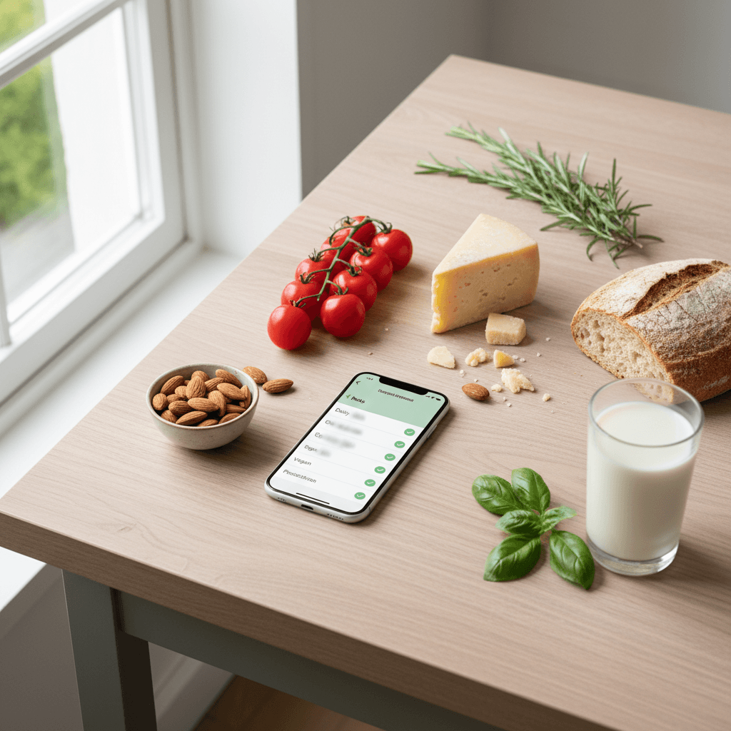 Smartphone met een instellingenscherm voor allergenen en dieetwensen naast verse groenten op een lichte keukentafel
