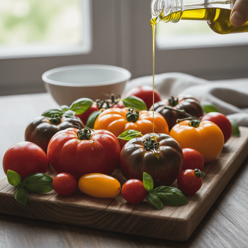Kleurrijke rijpe tomaten van verschillende soorten op een rustiek houten oppervlak met verse basilicum en een scheutje olijfolie