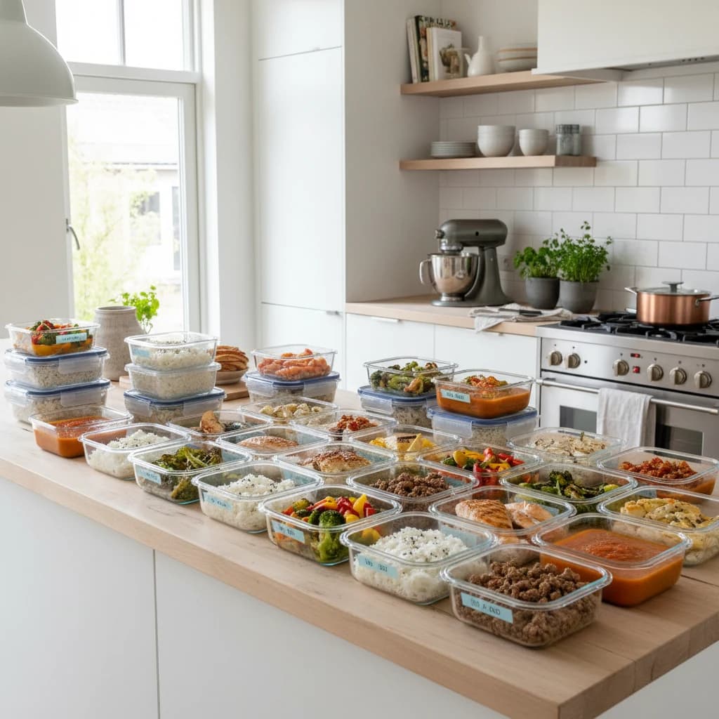 Meerdere maaltijdcontainers gevuld met bereide gerechten op een houten keukenblad