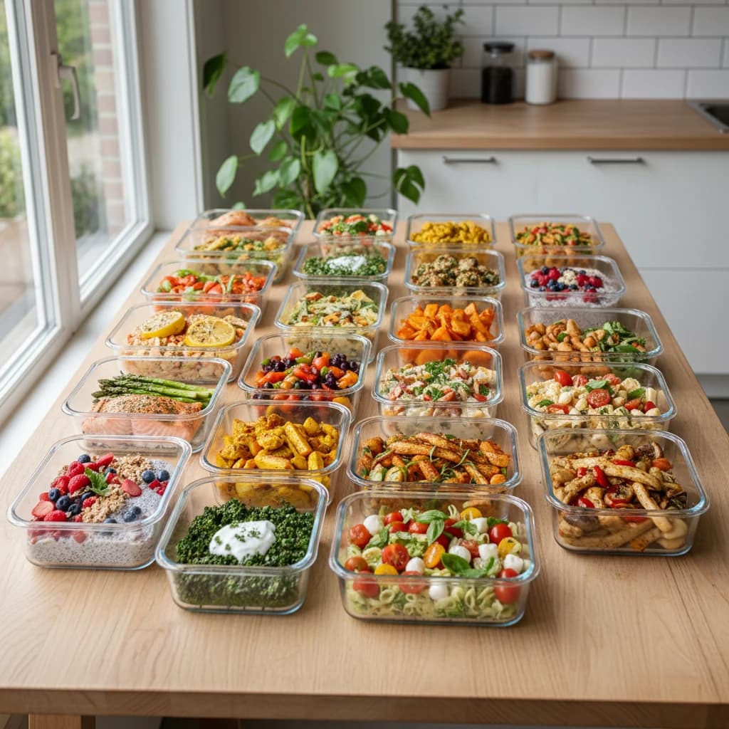 Meerdere meal prep bakjes netjes gevuld met verschillende bereide maaltijden op een keukentafel, bovenaanzicht, helder daglicht
