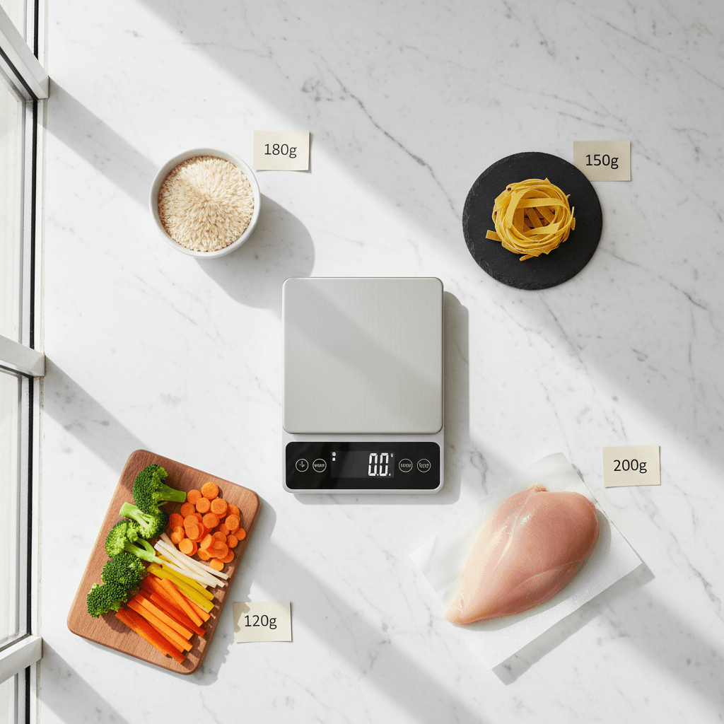 Keukenweegschaal met afgemeten ingrediënten per portie