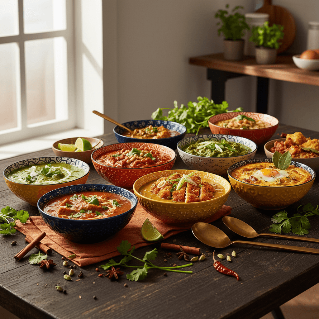 Een kleurrijke spread van currygerechten uit verschillende culturen in kleurrijke kommen op een donkere houten tafel, met aromatische kruiden eromheen