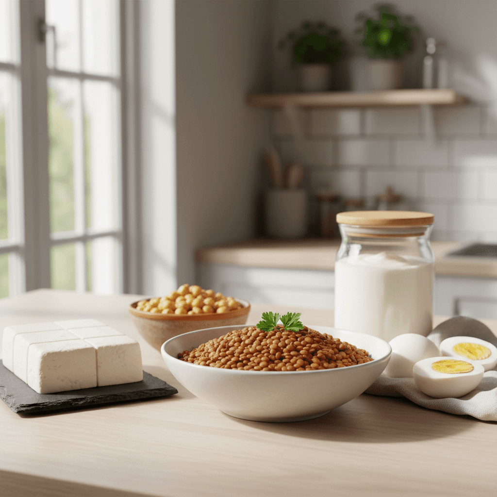 Verscheidenheid aan vegetarische eiwitbronnen: tofu, linzen, kikkererwten, eieren en kwark op een houten keukentafel