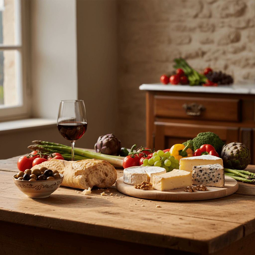 Een Franse eettafel met stokbrood, kaas, wijn en seizoensgroenten in zacht middagdaglicht