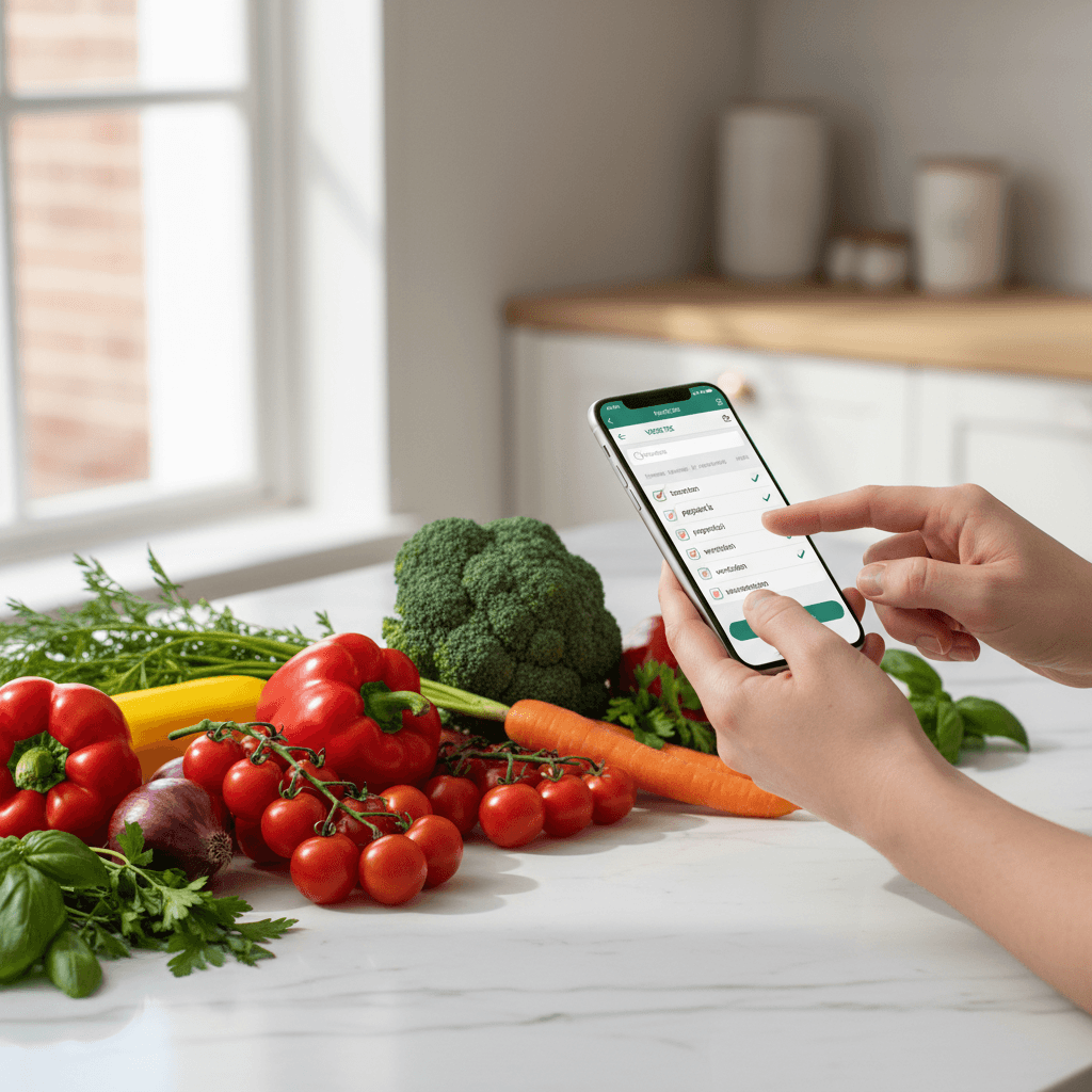 Persoon die boodschappen invoert in een kook-app op een smartphone, met groenten op een witte marmeren aanrecht