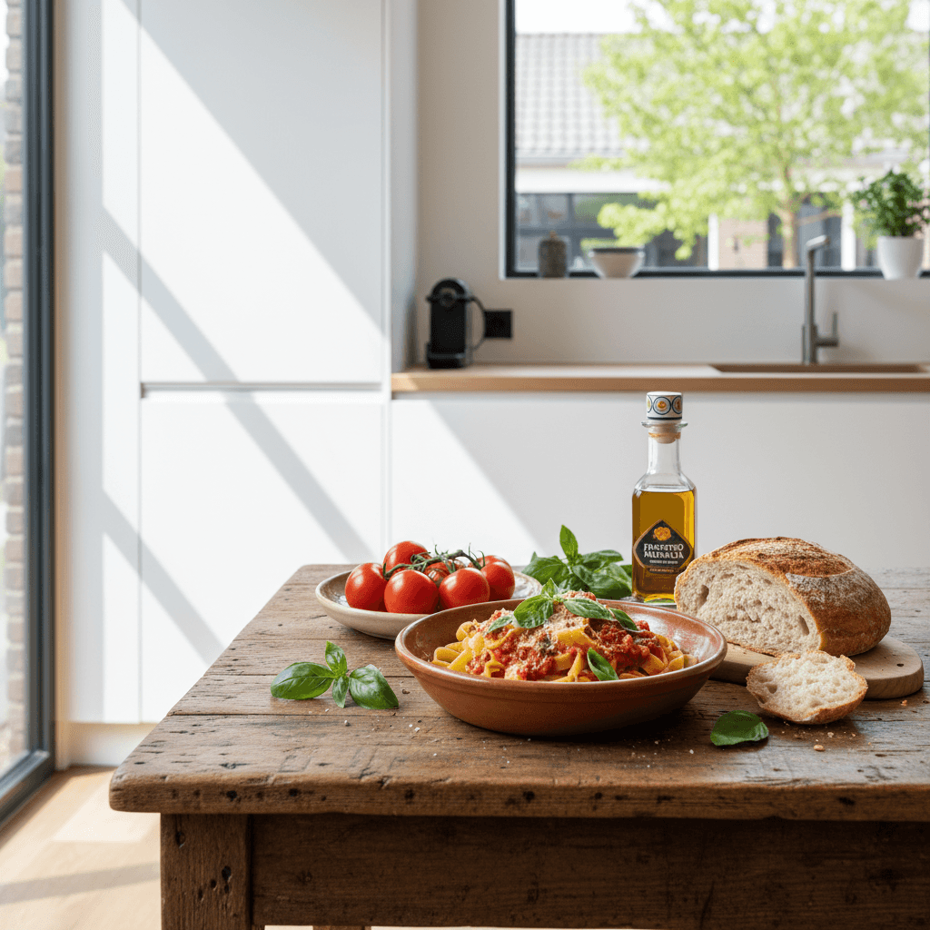 Een rustieke Italiaanse tafel met pasta, verse tomaten, olijfolie en kruiden in warm natuurlijk daglicht