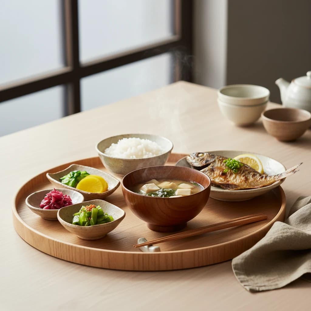 Een elegante Japanse maaltijdpresentatie op een licht houten dienblad met misosoep, rijst, ingelegde groenten en gegrilde vis