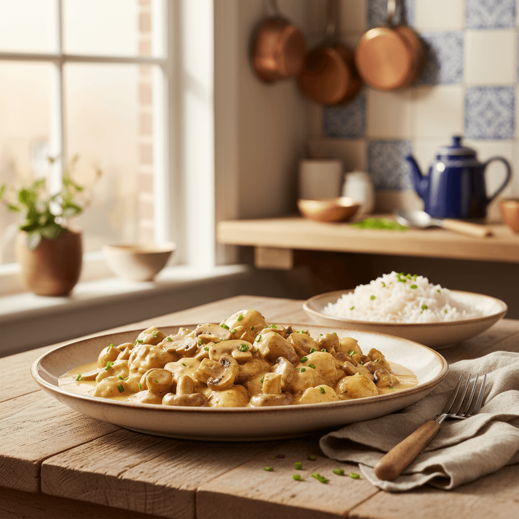 Romige kip met champignons in een pan op een houten tafel met verse kruiden