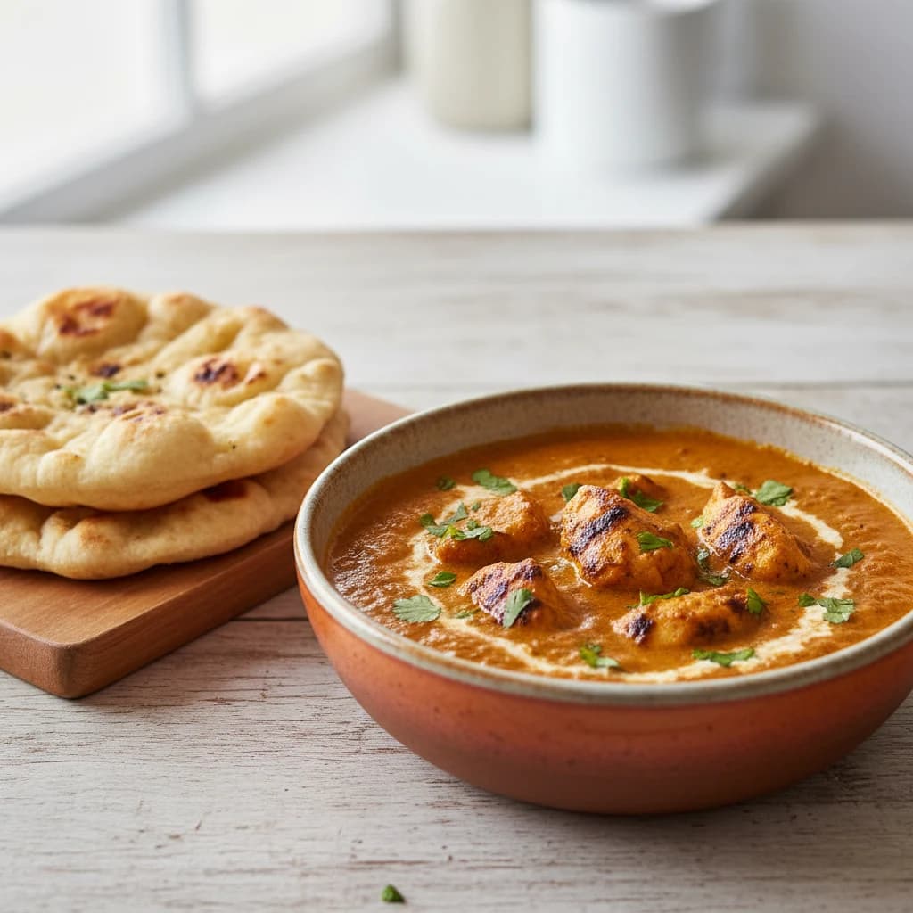 Kip tikka masala in een romige oranje saus met naan en verse koriander op een houten tafel