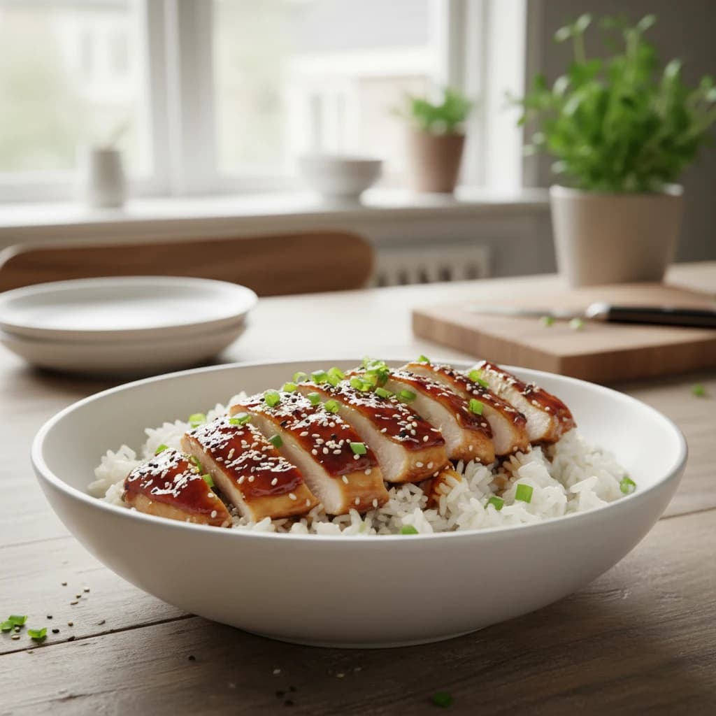 Japanse teriyaki kipbowl met gestoomde rijst, sesam en lente-ui op een houten tafel