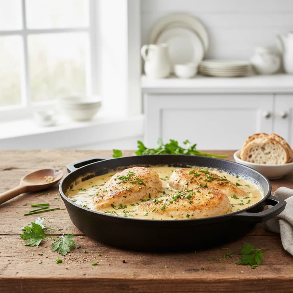 Kip in rijke roomsaus met kruiden in een pan op een houten tafel