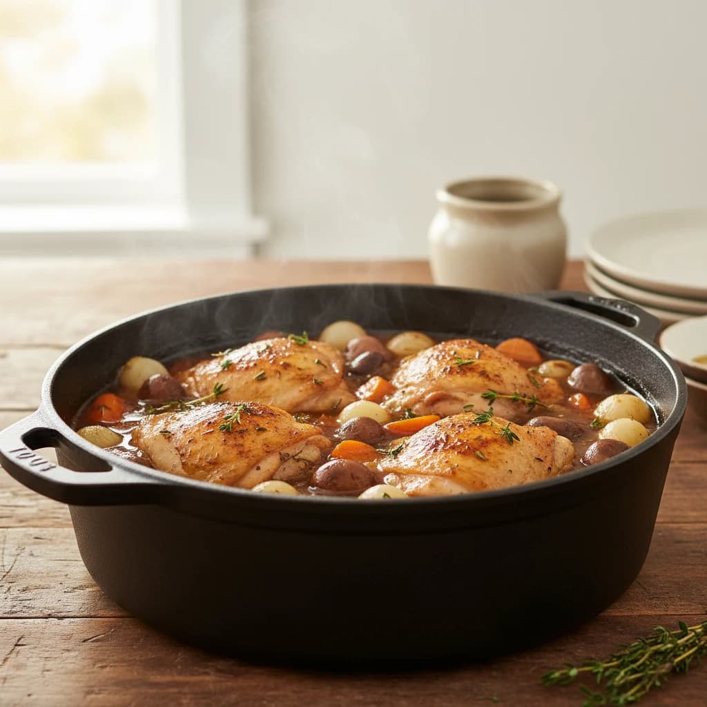 Rijke kippenstoofpot met kippendijen, pareluitjes, champignons en wortel in een gietijzeren braadpan