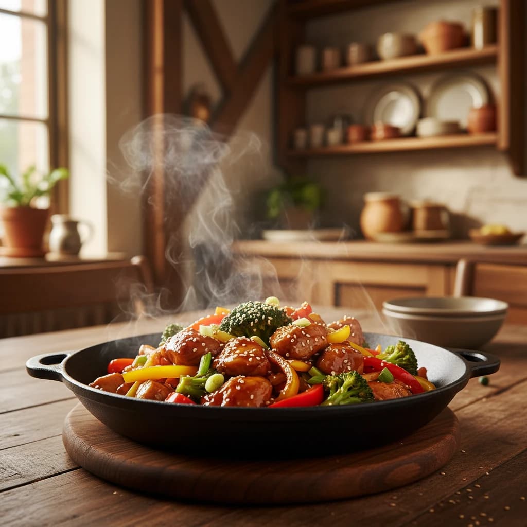 Geroerbakte kip met kleurrijke paprika en broccoli in een gloeiend hete wok op een fornuis