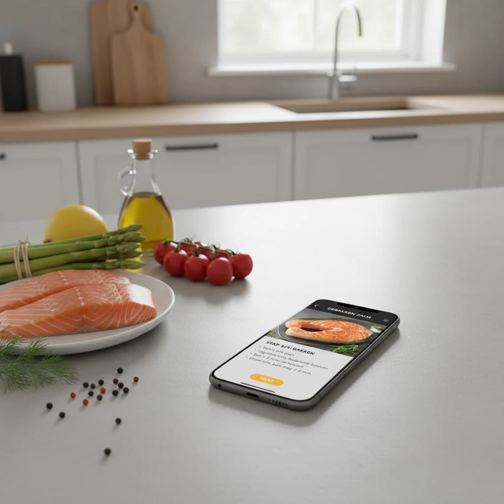 Smartphone met kookgids-app naast verse ingrediënten op een keukentafel