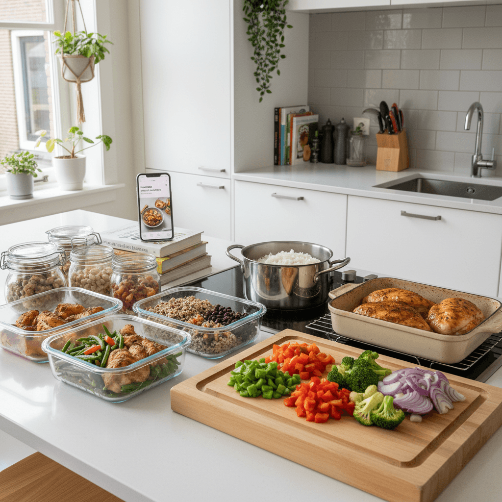 Georganiseerde keuken met meerdere bewaarbakjes gevuld met voorbereide maaltijden op een aanrecht, smartphone met kook-app ernaast