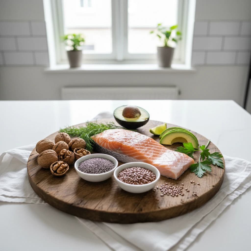 Plantaardige omega-3 bronnen zoals walnoten, lijnzaad en vette vis op een keukentafel