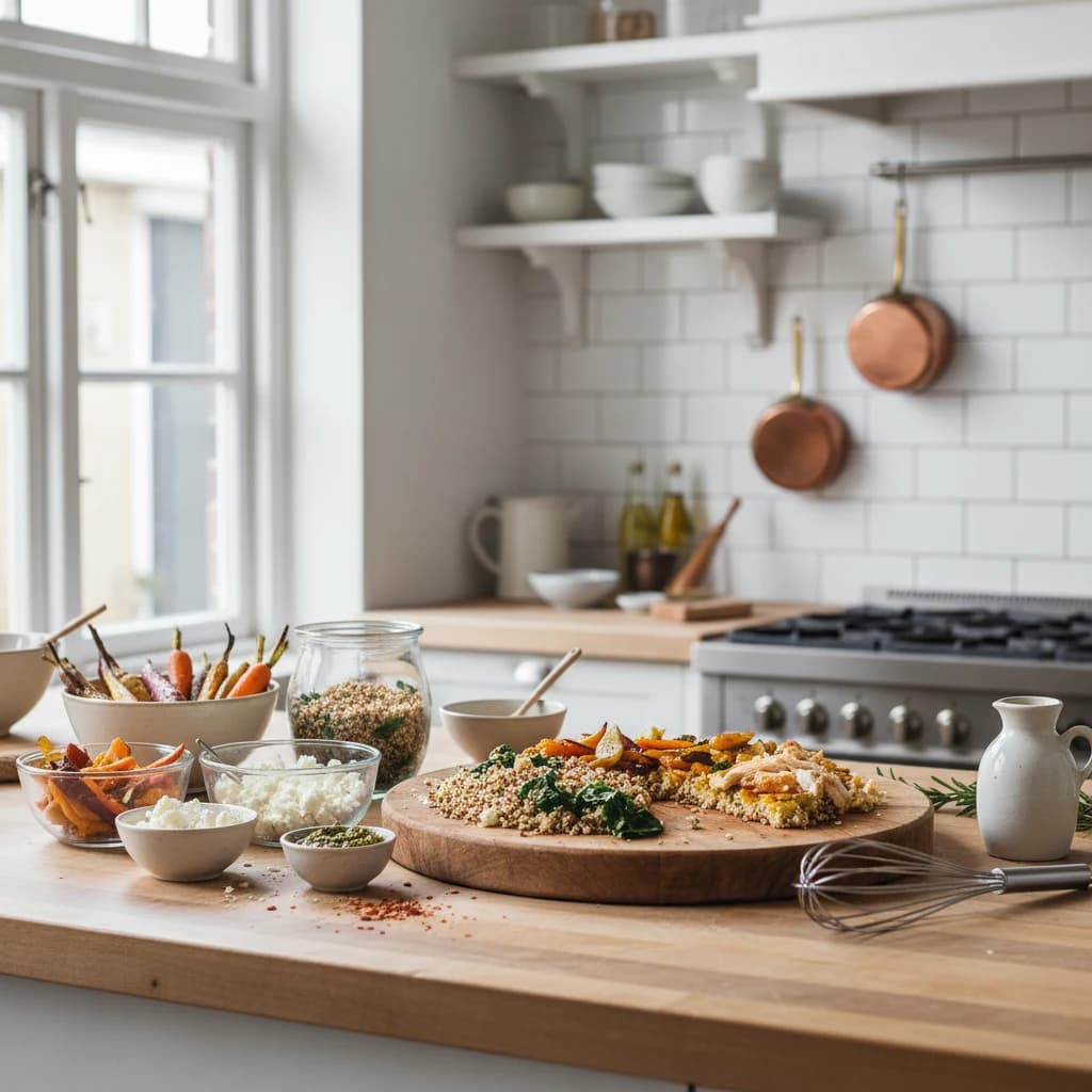 Diverse restjes ingrediënten in kleine bakjes op een houten aanrecht klaar om te verwerken in een nieuw gerecht