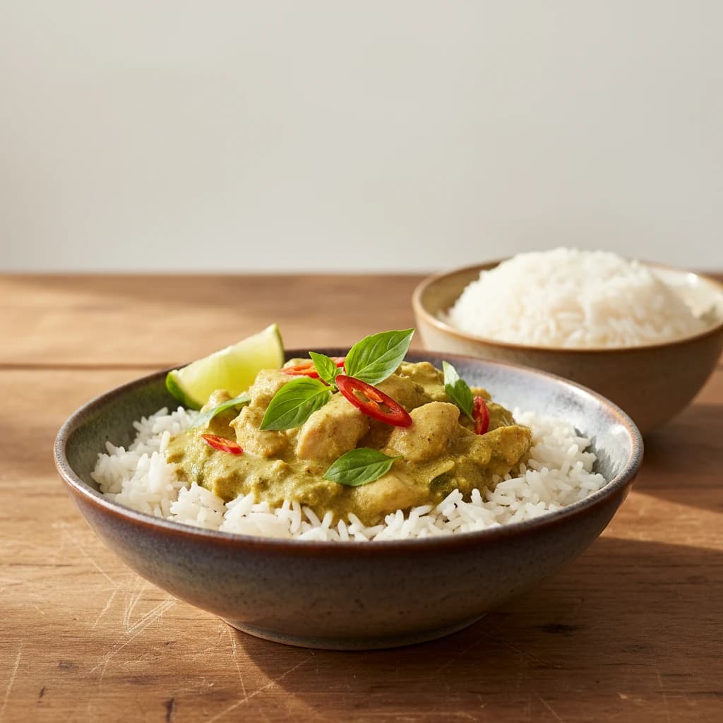 Romige Thaise groene curry met kip op basmati rijst, afgewerkt met Thaise basilicum, rode chili en limoen