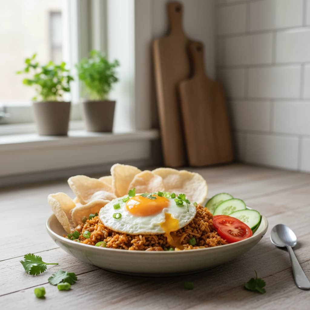 Nasi goreng met gebakken ei, kroepoek en verse groenten op een houten tafel