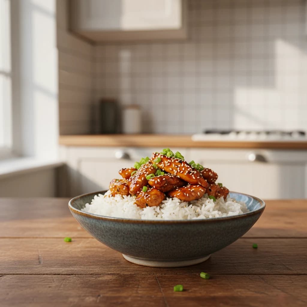 Teriyaki kipbowl met gestoomde rijst, sesam en lente-ui op een houten tafel