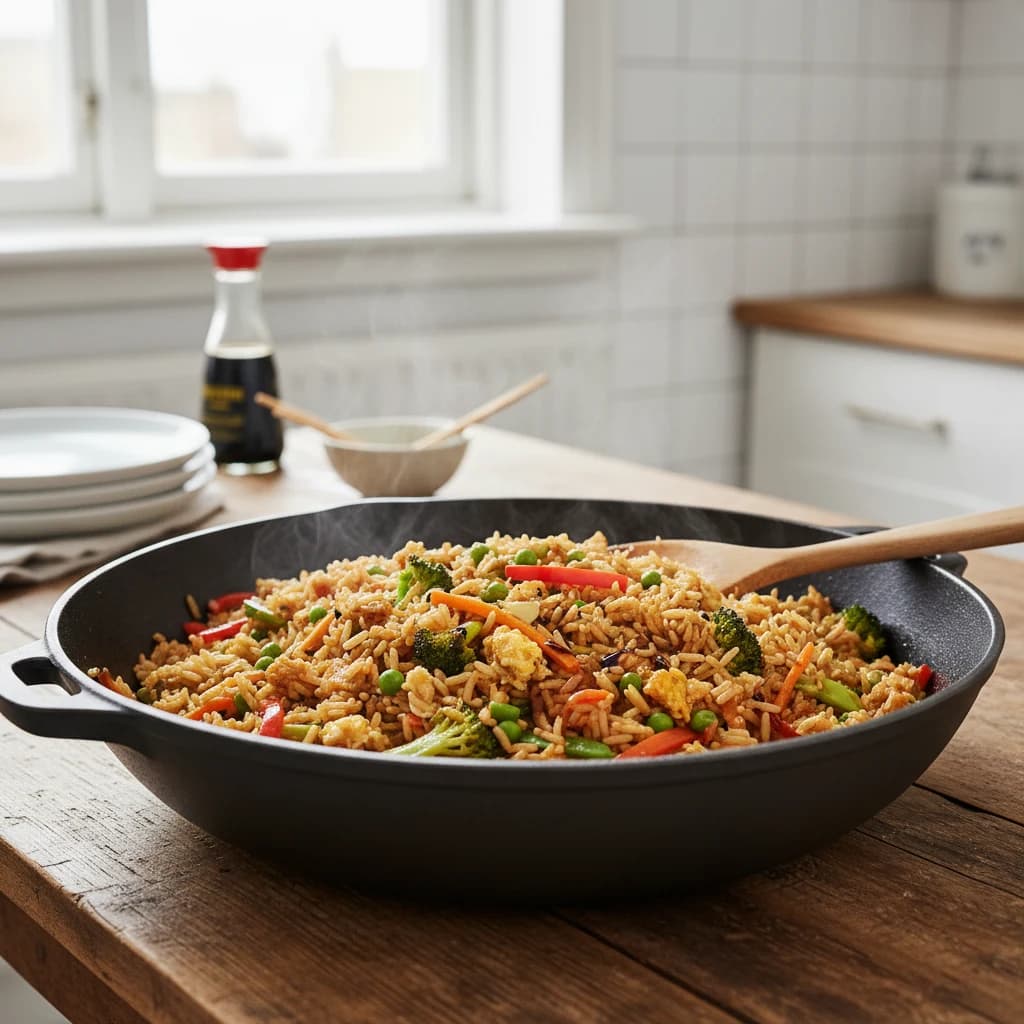 Snelle gebakken rijst met ei, groenten en sojasaus in een wok op een houten tafel