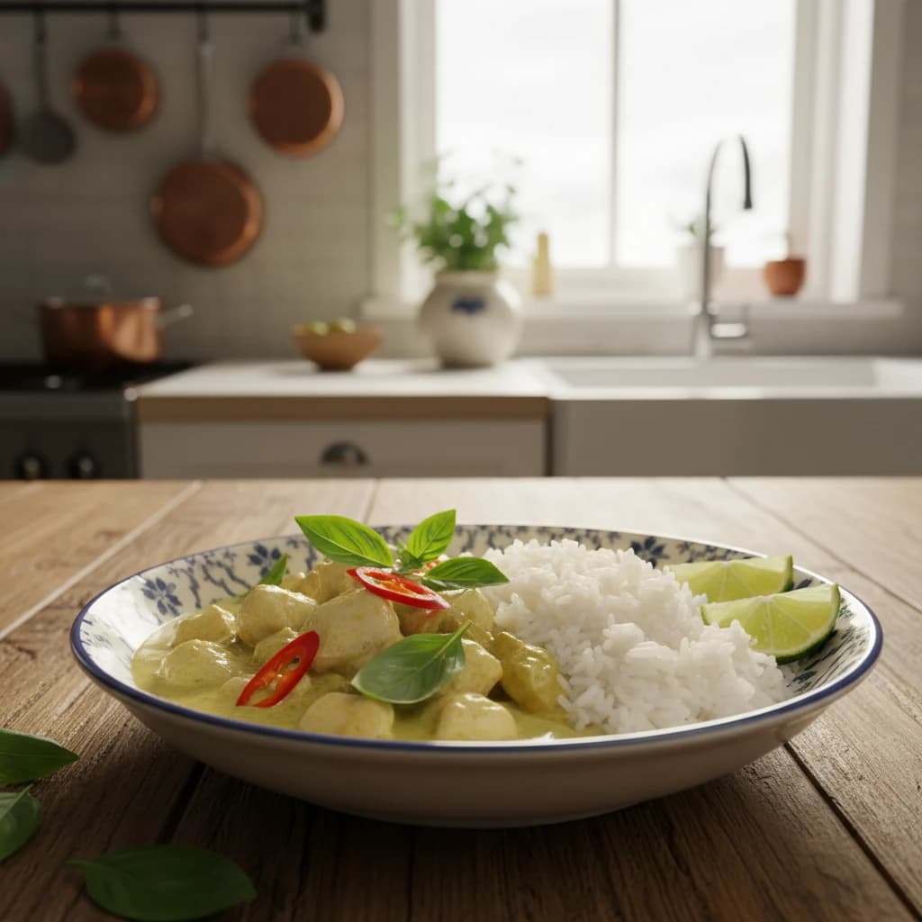 Thaise groene curry met kip geserveerd op gestoomde jasmijnrijst, met verse Thaise basilicum en limoen op een houten tafel