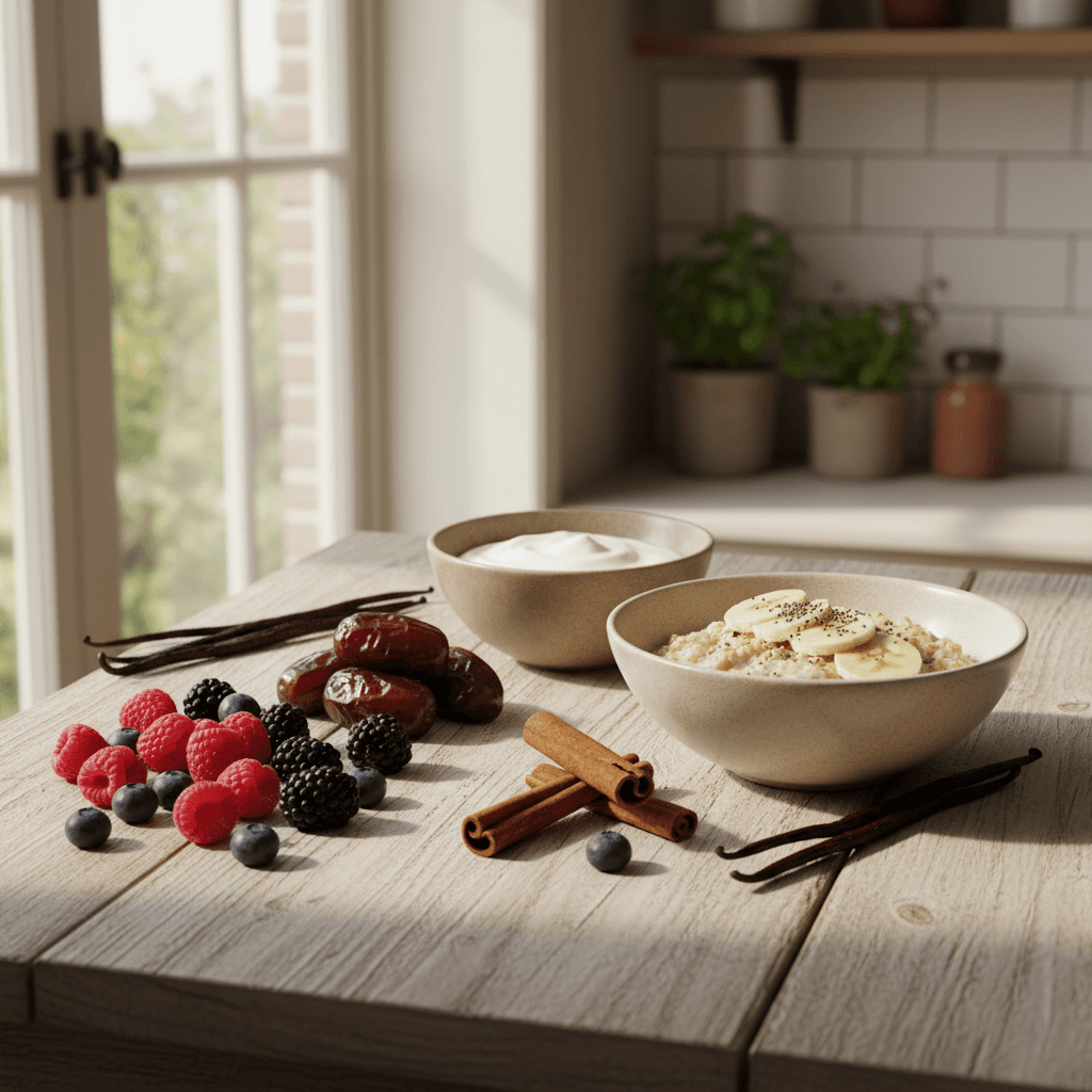 Een houten plank met natuurlijke alternatieven voor suiker: vers fruit, kaneelstokjes, dadels en een schaaltje havermout in zacht daglicht