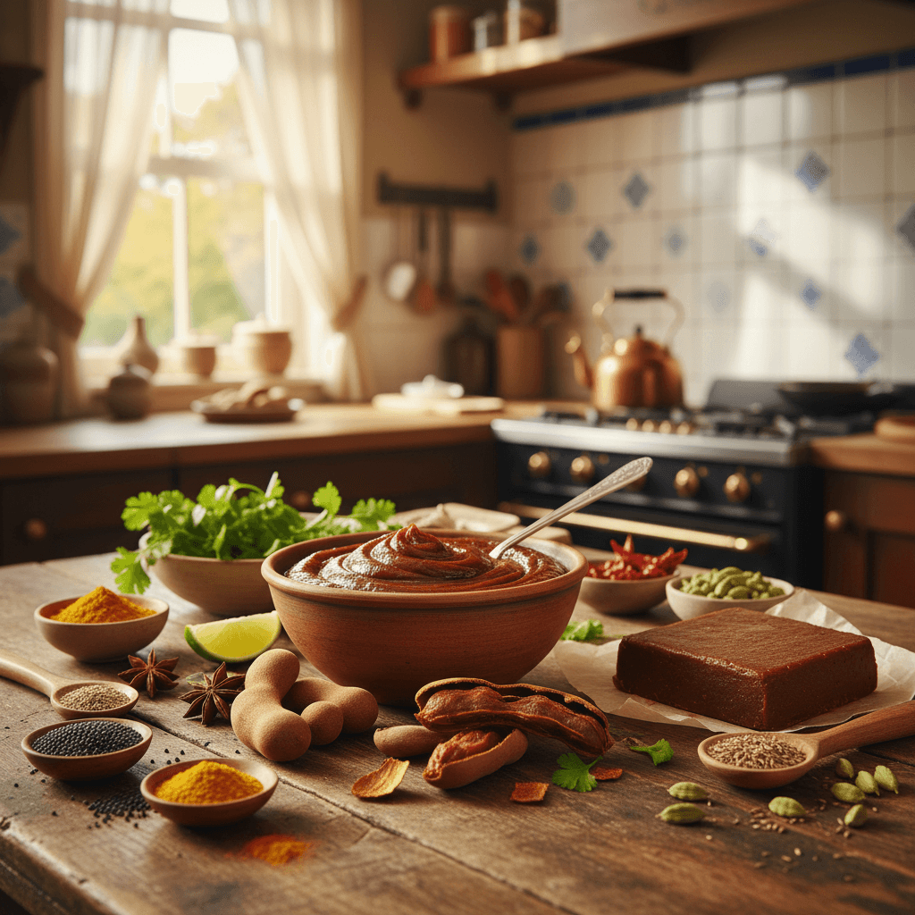 Tamarindepeul en pasta op een houten plank met specerijen