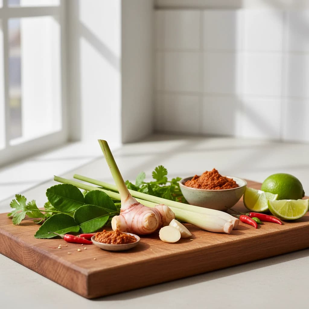 Kleurrijke Thaise gerechten op een donkere tafel