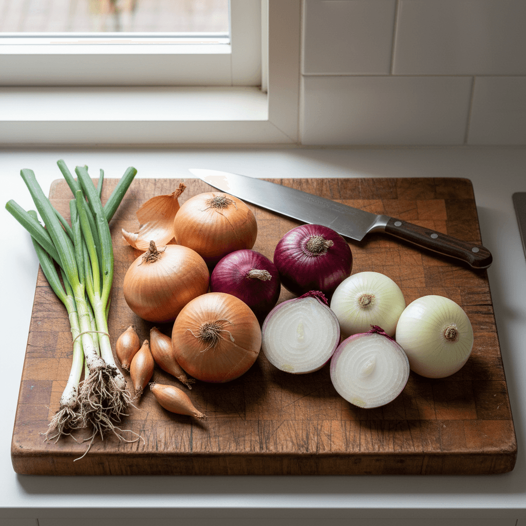 Verschillende uien (gele, rode, witte, sjalotten en lente-ui) gerangschikt op een houten snijplank met een keukenmes ernaast