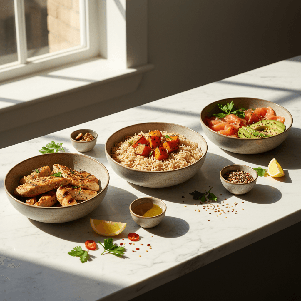 Een gebalanceerde maaltijd met eiwitten, koolhydraten en gezonde vetten in aparte schaaltjes op een witte ondergrond