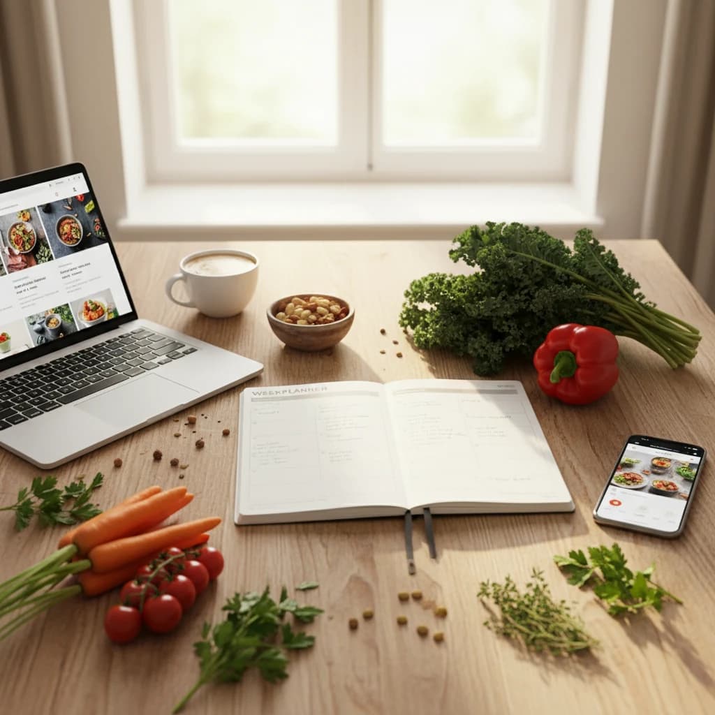 Weekplanner notitieboek op een keukentafel met verse groenten, een laptop en smartphone ernaast, fel natuurlijk licht van bovenaf