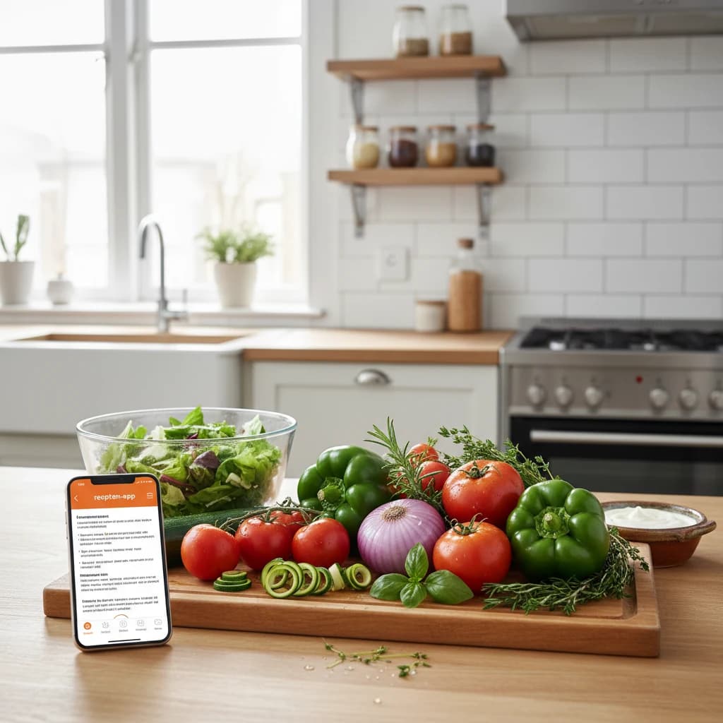 Smartphone met recepten-app op een keukenblad naast verse groenten en kruiden