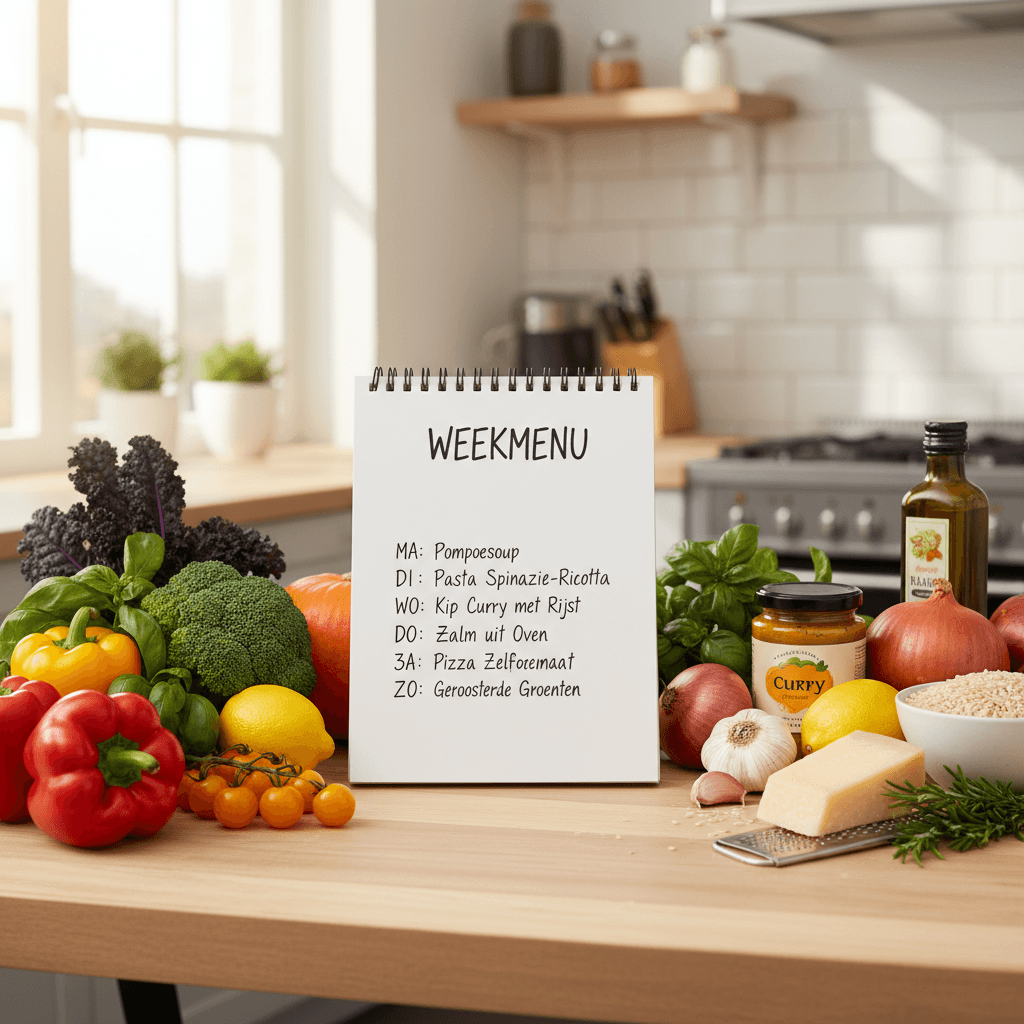 Een overzichtelijk weekmenu op een wit notitieboek omgeven door verse kleurrijke ingredienten op een keukentafel