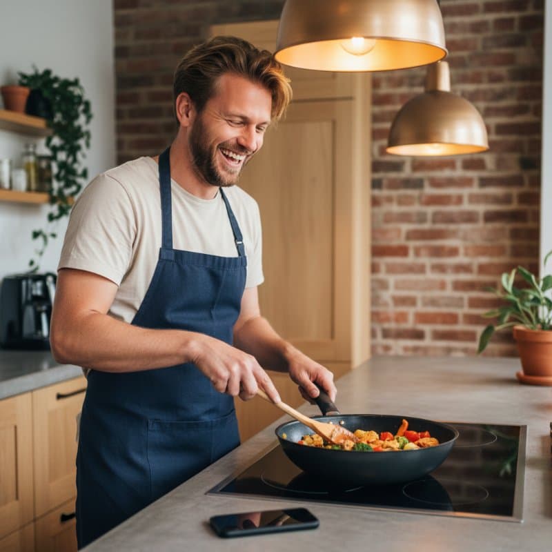 Iemand die thuis kookt en lacht