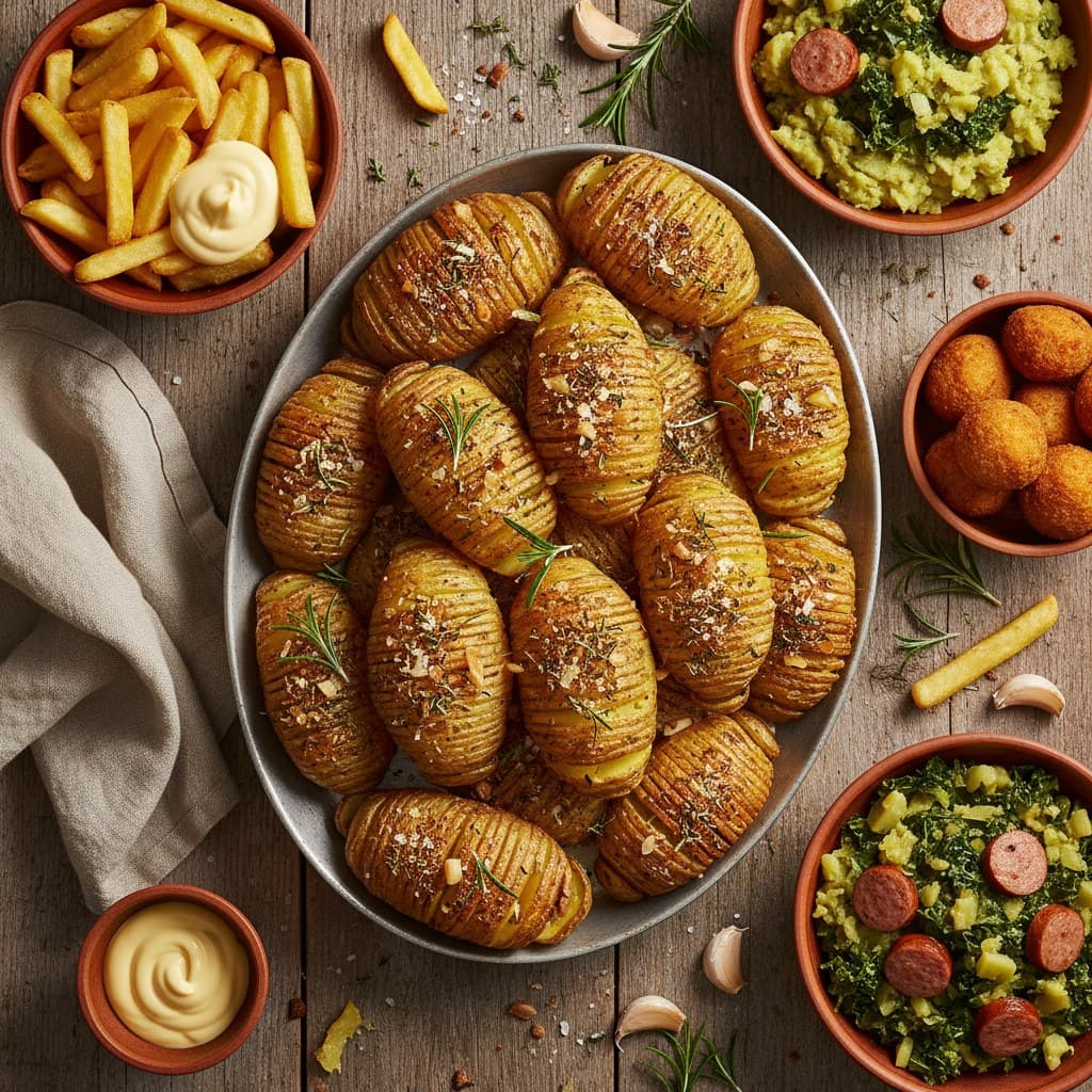 Diverse aardappelgerechten op een houten tafel