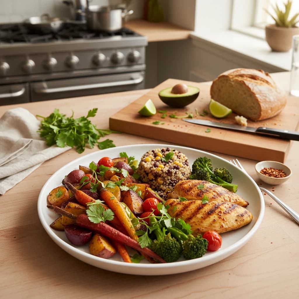 Smartphone met een recept-app naast verse ingrediënten in een moderne keuken