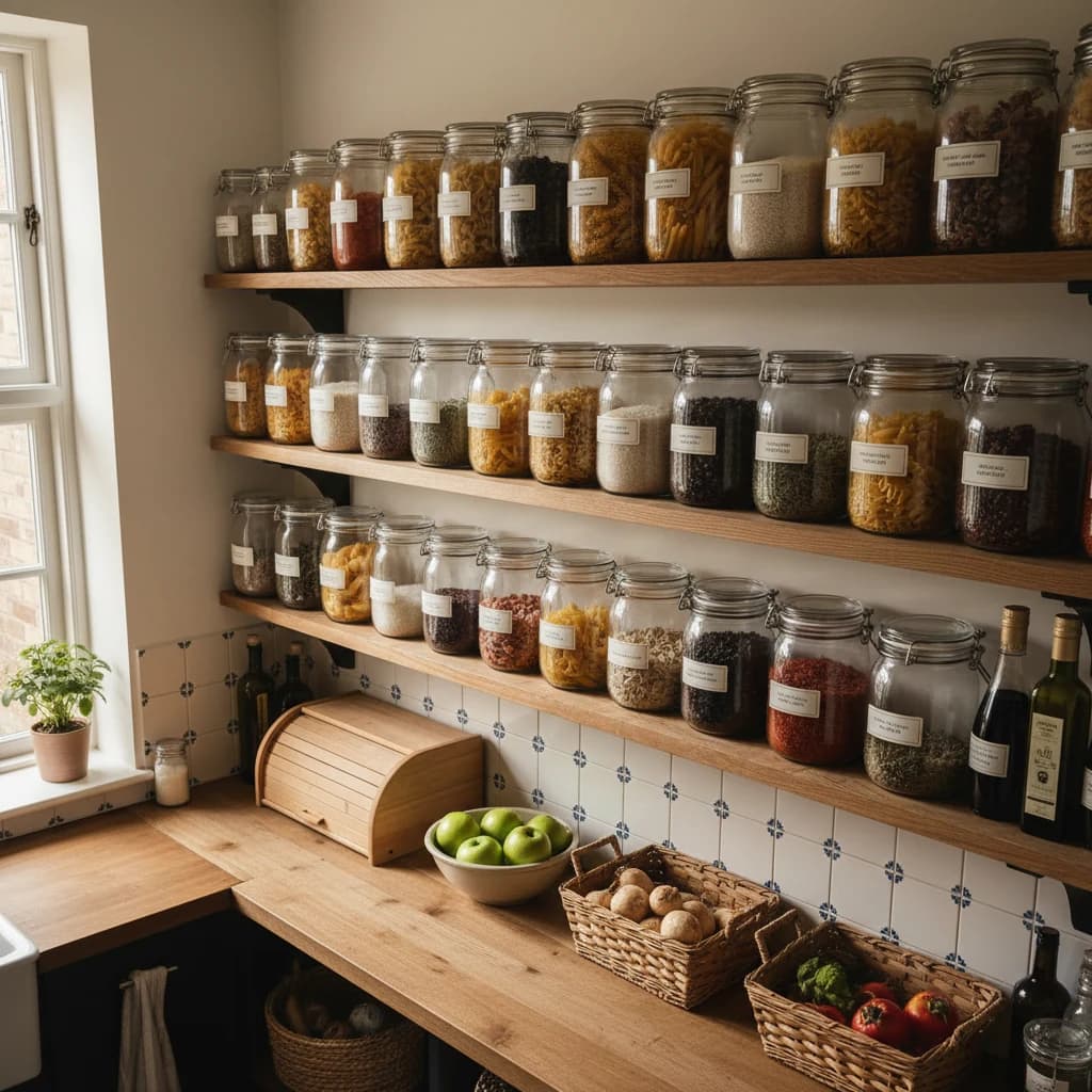 Overzichtelijke keukenvoorraad met gelabelde potjes en bakjes