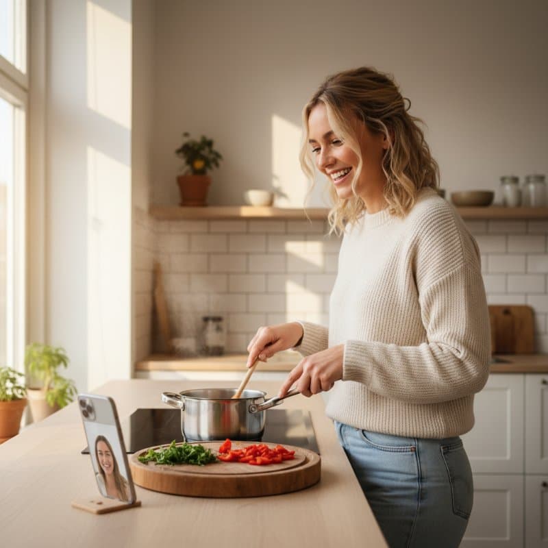 Iemand in de keuken met een recept op hun telefoon